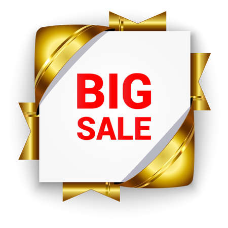 Golden 3D banner for sale. White square background tied with ribbons. Realistic ads for the Internet and print. button for websites.のイラスト素材