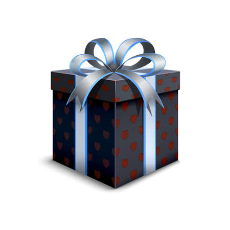 3d packaging Valentine's Day. Realistic dark color packaging. Beautiful festive box tied with ribbon and bow on top. Gift with red hearts for your loved one.のイラスト素材