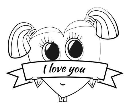 Cartoon heart on Valentine's Day. Cute female character with pigtails and a banner. Stylized shy girl with glasses. Love message. Outline drawing for color books.のイラスト素材