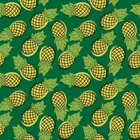 Seamless pattern of cartoon pineapple. Drawn fruit on a green background. Eco texture for packaging or for fabric.のイラスト素材