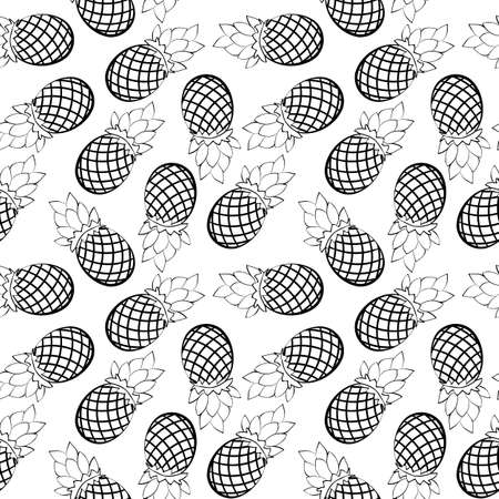 Seamless pattern of cartoon pineapple. Drawing fruit on a white background. Eco texture for color books.のイラスト素材