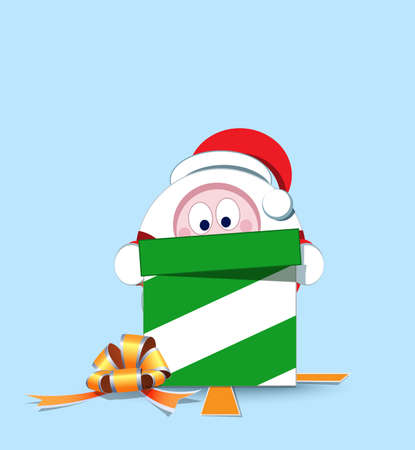Funny Cartoon Santa Claus. Unpacking the gift. A bearded man opens the packaging. Packing with bow and ribbons. Festive Christmas illustration. Template for the New Year.のイラスト素材