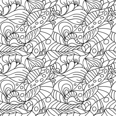 Seamless psychedelic pattern. Beautiful monochrome background. Backdrop for the preview. Drawing in retrostile. Vintage image.のイラスト素材