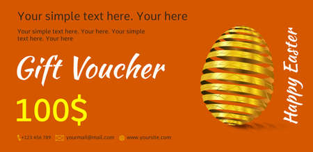 Holiday gift voucher. Easter coupon sales. Flyer orange color with golden Easter egg. Attractive discount for 100 dollars. Template A5 width.のイラスト素材