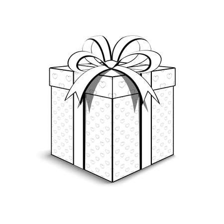 3d packaging Valentine's Day. Contour white packaging. Beautiful festive box tied with ribbon and bow on top. Gift with hearts for your loved one. Illustration for color book.のイラスト素材