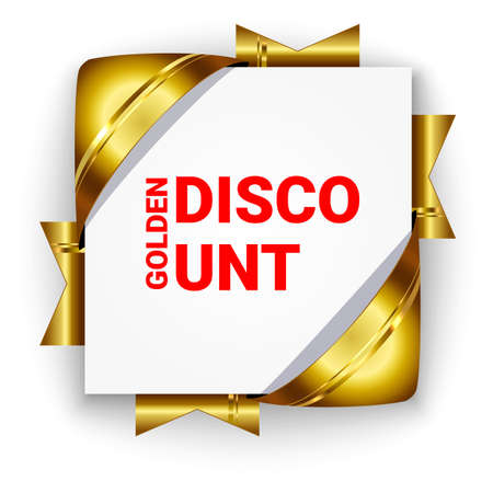 Golden 3d discount banner. White square background tied with ribbons. Realistic ads for the Internet and print. Button for websites. Discount with the text in red.のイラスト素材