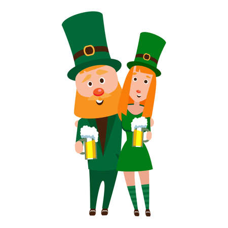 St. Patrick's Woman in an embrace. Cartoon character. A man with a red beard and a woman with red hair in an emerald suit. Cheerful young people with a mug of foamy beer.のイラスト素材