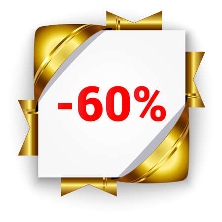 Golden 3d discount banner. White square background tied with ribbons. Sign of 60 percent. Realistic ads for the Internet and print. button for websites.のイラスト素材