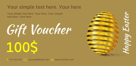 Holiday gift voucher. Easter coupon sales. Flyer light brown, olive or khaki colors with golden Easter egg. Attractive discount for 100 dollars. Template A5 width.のイラスト素材