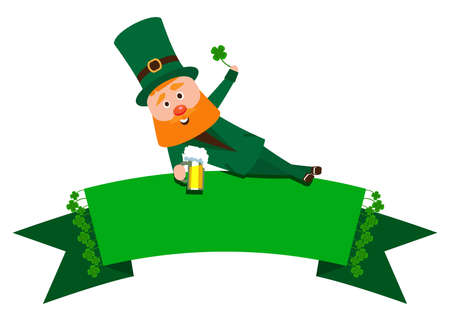 Festive Ribbon with clover and St. Patrick. The man with the red beard is the banner. Cheerful man in the green suit with a mug of foamy beer.のイラスト素材