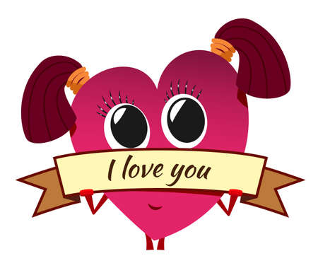 Cartoon red heart on Valentine's Day. Cute female character with pigtails and a banner. Stylized shy girl. Love message.のイラスト素材