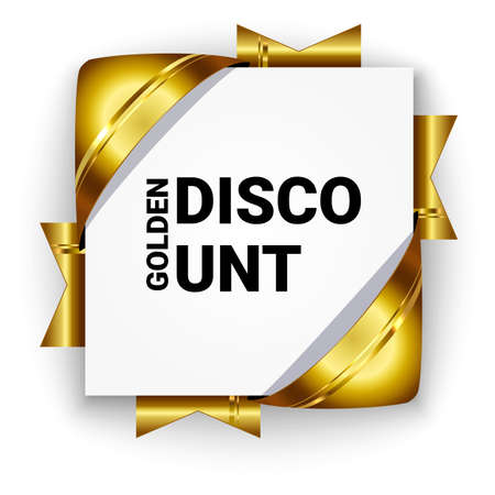 Golden 3d discount banner. White square background tied with ribbons. Discount with text in black. Realistic ads for the Internet and print. Button for websites.のイラスト素材