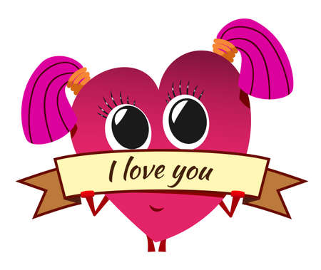 Cartoon red heart on Valentine's Day. Cute female character with pink pigtails and banner. Stylized shy girl. Love message.のイラスト素材