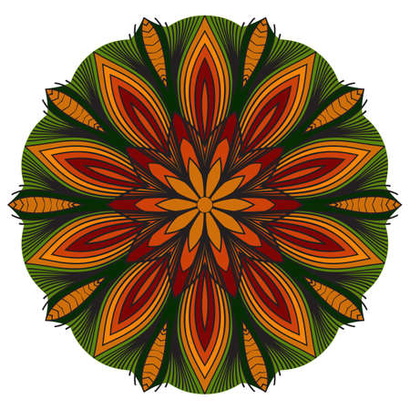 Colored mandala. Oriental symmetrical pattern in a circle. Graphic rosette in the green, red and burgundy color.のイラスト素材