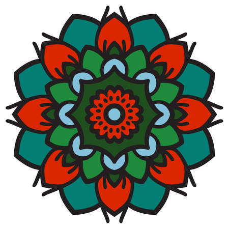 Colored mandala. Oriental ornament in a circle. Graphic rosette in red, blue and green.のイラスト素材