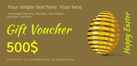 Holiday gift voucher. Easter coupon sales. Flyer green or olive color with golden Easter egg. Attractive discount for 500 dollars. Template A5 width.のイラスト素材