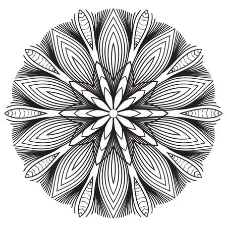 Contoured mandala. Oriental ornament in a circle. Graphic monochrome rosette. Template for scrapbook.のイラスト素材