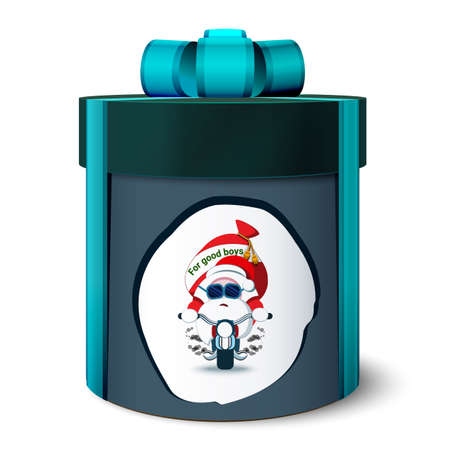 3d festive gift box of dark masculine color. New Year's gift. Christmas surprise. Tied with ribbon with a bow on top. Cylindrical packing. Pattern on a round surface. Realistic vintage template.のイラスト素材