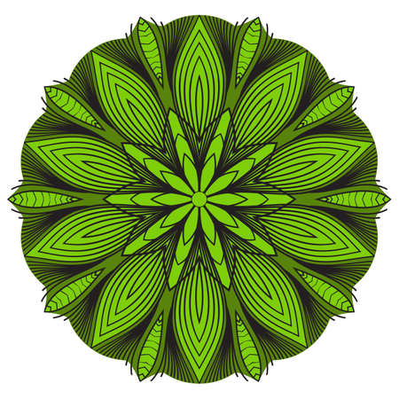 Colored mandala. Oriental symmetrical pattern in a circle. Graphic rosette in green.のイラスト素材