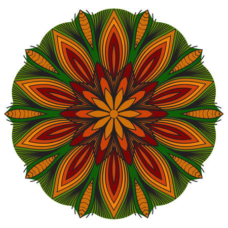 Colorful symmetrical mandala. Oriental ornament in a circle. Graphic rosette in the green, red and burgundy color.のイラスト素材