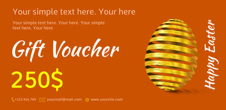Holiday gift voucher. Easter coupon sales. Flyer orange with golden Easter egg. Attractive discount for 250 dollars. Template A5 width.のイラスト素材