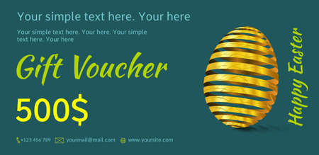 Holiday gift voucher. Easter coupon sales. Flyer dark turquoise color with golden Easter egg. Attractive discount for 500 dollars. Template A5 width.のイラスト素材