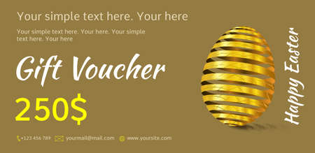 Holiday gift voucher. Easter coupon sales. Flyer olive or khaki colors with golden Easter egg. Attractive discount for 250 dollars. Template A5 width.のイラスト素材