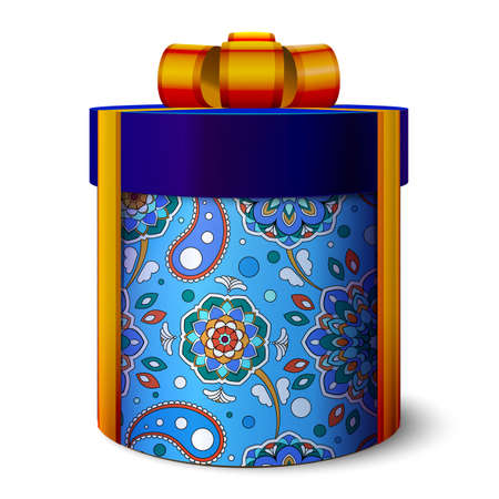 3d festive gift box in blue. Tied with orange ribbon with a bow on top. Cylindrical packing. Pattern on a round surface. Realistic vintage template.のイラスト素材