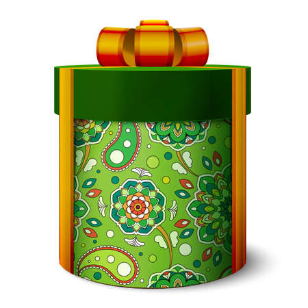 3d festive gift box of green color. Tied with orange ribbon with a bow on top. Cylindrical packing. Pattern on a round surface. Realistic vintage template.のイラスト素材