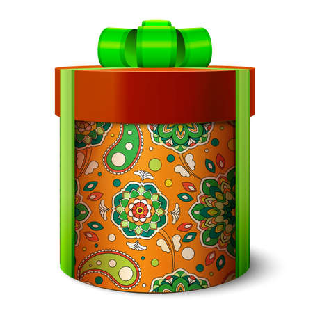3d festive gift box of orange color. Tied with green ribbon with a bow on top. Cylindrical packing. Green pattern on a round surface. Realistic vintage template.のイラスト素材