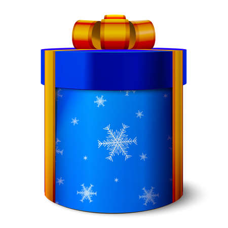 3d festive gift box of blue color. New Year's gift. Christmas surprise. Tied with ribbon with a bow on top. Cylindrical packing. Pattern on a round surface. Realistic vintage template.のイラスト素材