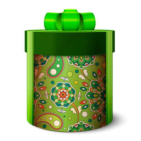 3d festive gift box of green color. Tied with ribbon with a bow on top. Cylindrical packing. Pattern on a round surface. Realistic vintage template.のイラスト素材