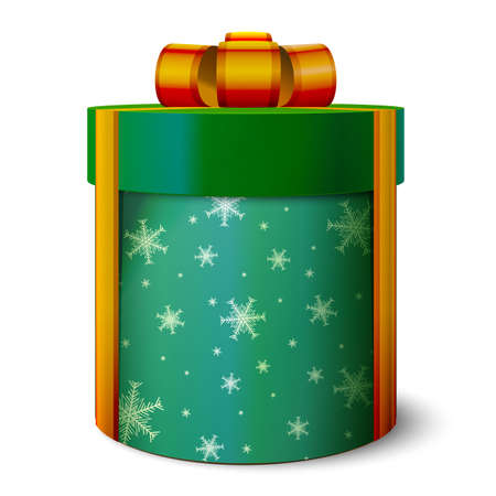 3d festive gift box of green color. New Year's gift. Christmas surprise. Tied with ribbon with a bow on top. Cylindrical packing. Pattern on a round surface. Realistic vintage template.のイラスト素材