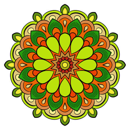 Colored mandala for color book. Symmetrical pattern in the circle.  Illustration for the album. Pattern for printing on fabrics. Figure for relaxation and meditation.のイラスト素材