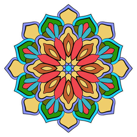 Colored mandala for color book. Symmetrical pattern in the circle.  Illustration for the album. Pattern for printing on fabrics. Figure for relaxation and meditation.のイラスト素材