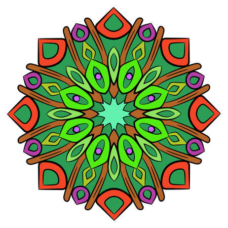 Colored mandala for color book. Symmetrical pattern in the circle.  Illustration for the album. Pattern for printing on fabrics. Figure for relaxation and meditation.のイラスト素材