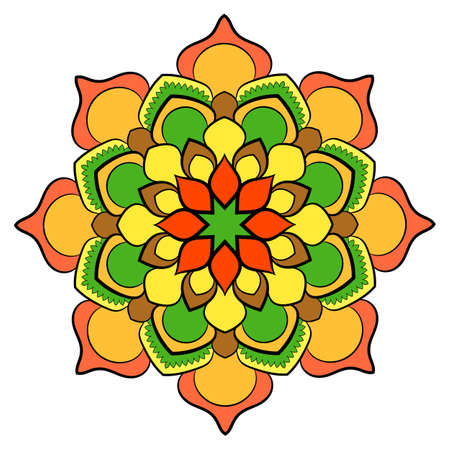 Colored mandala for color book. Symmetrical pattern in the circle.  Illustration for the album. Pattern for printing on fabrics. Figure for relaxation and meditation.のイラスト素材