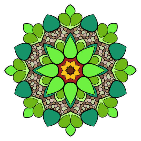 Colored mandala for color book. Symmetrical pattern in the circle.  Illustration for the album. Pattern for printing on fabrics. Figure for relaxation and meditation.のイラスト素材