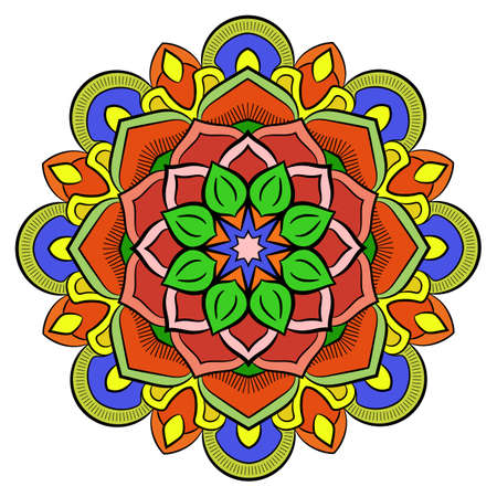 Colored mandala for color book. Symmetrical pattern in the circle.  Illustration for the album. Pattern for printing on fabrics. Figure for relaxation and meditation.のイラスト素材