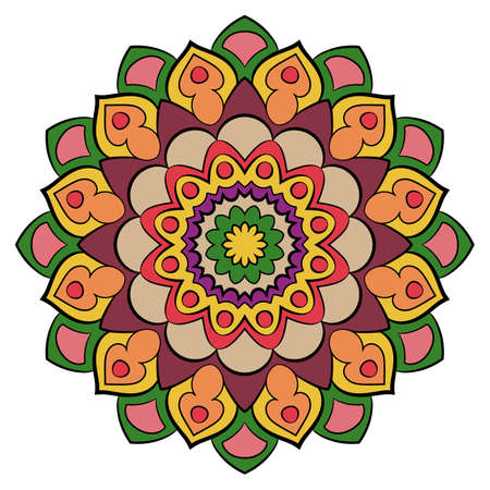 Colored mandala for color book. Symmetrical pattern in the circle.  Illustration for the album. Pattern for printing on fabrics. Figure for relaxation and meditation.のイラスト素材