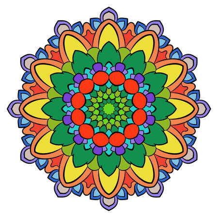 Colored mandala for color book. Symmetrical pattern in the circle.  Illustration for the album. Pattern for printing on fabrics. Figure for relaxation and meditation.のイラスト素材