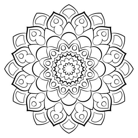 Contour mandala for color book. Monochrome illustration. Symmetrical pattern in a circle. A beautiful image for scrapbook. The template for printing on fabric. Picture for meditation and relaxation.のイラスト素材
