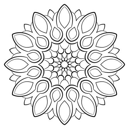 Contour mandala for color book. Monochrome illustration. Symmetrical pattern in a circle. A beautiful image for scrapbook. The template for printing on fabric. Picture for meditation and relaxation.のイラスト素材