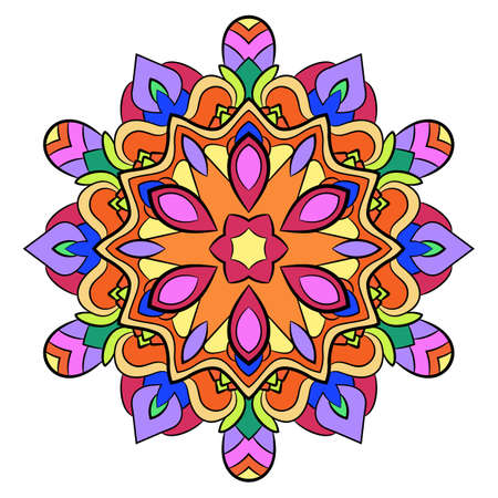 Colored mandala for color book. Symmetrical pattern in the circle.  Illustration for the album. Pattern for printing on fabrics. Figure for relaxation and meditation.のイラスト素材
