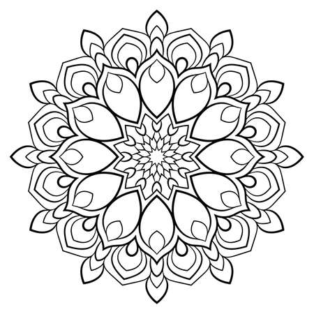 Contour mandala for color book. Monochrome illustration. Symmetrical pattern in a circle. A beautiful image for scrapbook. The template for printing on fabric. Picture for meditation and relaxation.のイラスト素材