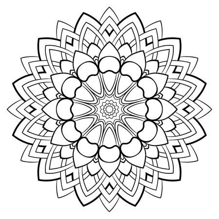 Contour mandala for color book. Monochrome illustration. Symmetrical pattern in a circle. A beautiful image for scrapbook. The template for printing on fabric. Picture for meditation and relaxation.のイラスト素材