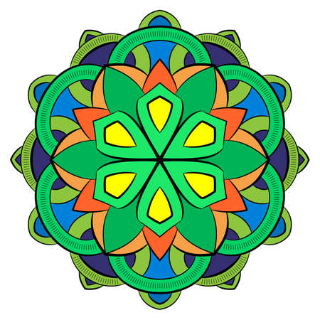 Colored mandala for color book. Symmetrical pattern in the circle.  Illustration for the album. Pattern for printing on fabrics. Figure for relaxation and meditation.のイラスト素材