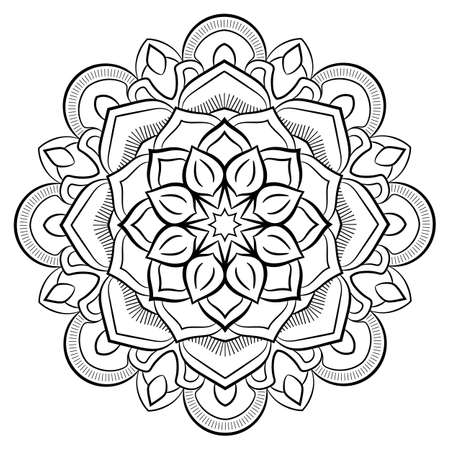 Contour mandala for color book. Monochrome illustration. Symmetrical pattern in a circle. A beautiful image for scrapbook. The template for printing on fabric. Picture for meditation and relaxation.のイラスト素材