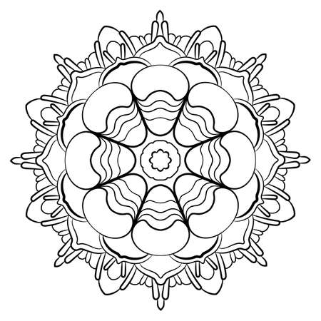Contour mandala for color book. Monochrome illustration. Symmetrical pattern in a circle. A beautiful image for scrapbook. The template for printing on fabric. Picture for meditation and relaxation.のイラスト素材
