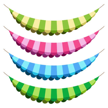 Banner flat, striped, colored. Stylized tent with shadows. Colors: green, light green, yellow, purple, light purple, blue, azure. Awning for the store. Raster template. Sunshade.のイラスト素材